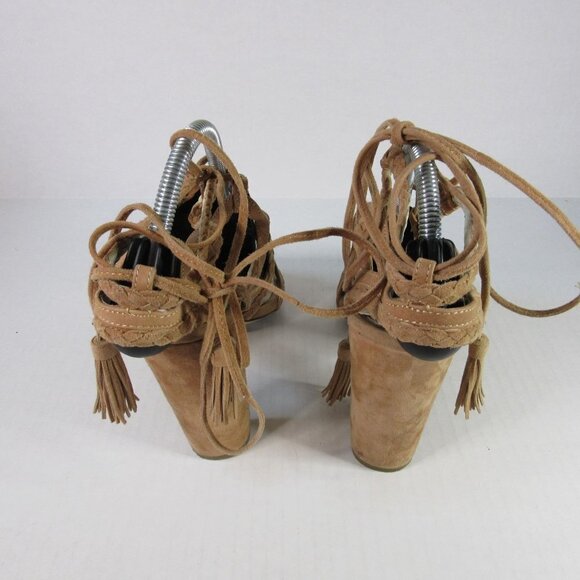 BCBGeneration Brown Suede Leather Lace Up Heels Peep Toe Tassel Boho Women's 8.5 - Picture 5 of 9